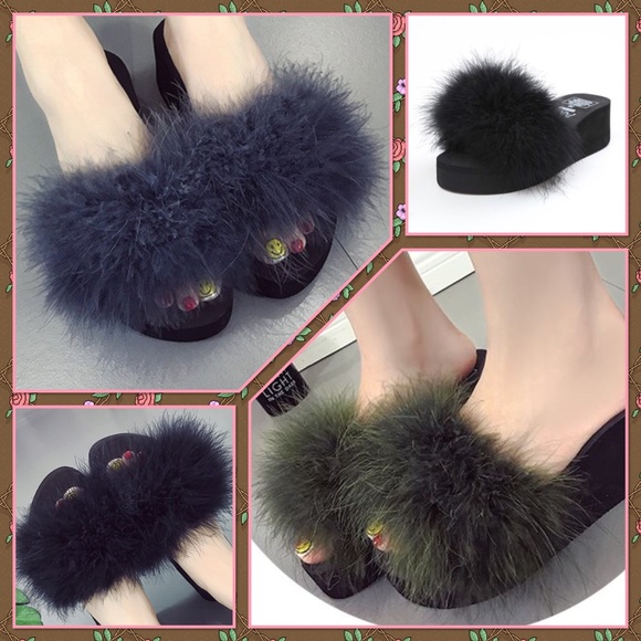 Faux fur thick bottom heel sandals - Picture 2 of 2